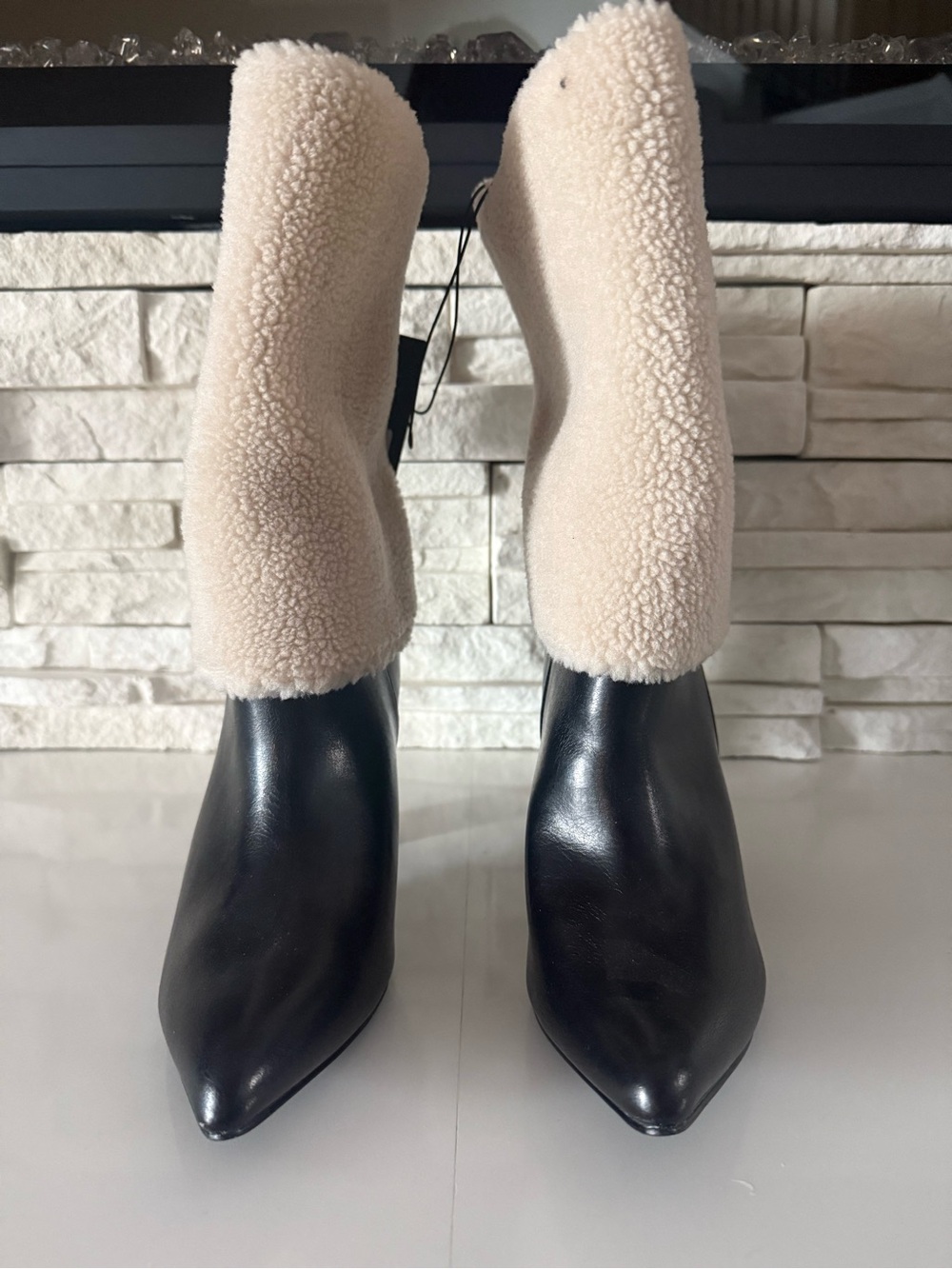Forever 21 Black Pointed Toe Heeled Boots with Cream Sherpa Cuff